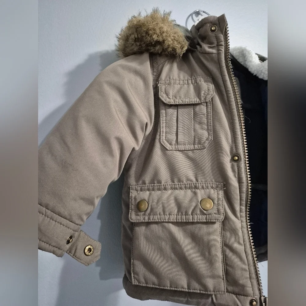 Carter's Tan and Blue Winter Parka with Faux Fur Hood